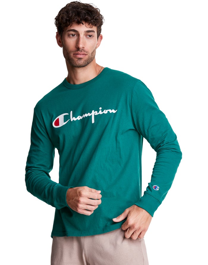 Champion Long-Sleeve Lightweight Script Logo Erkek Tişört Turkuaz ( VCZXRN937 )